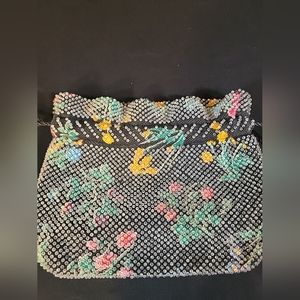 Vtg 1950's Candy Dot Beaded Drawstring Bucket Handbag Clear Bakelite Beads Boho